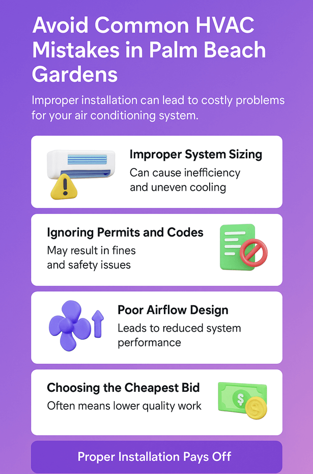 Avoid Common HVAC Mistakes in Palm Beach Gardens – Best Residential Air Conditioning Installation Services Company Cost & Prices Explained 2 Vertical infographic titled "Avoid Common HVAC Mistakes in Palm Beach Gardens" on a purple background, featuring 3D icons and tips about improper system sizing, ignoring permits and codes, poor airflow design, and choosing the cheapest bid, with a final takeaway that proper installation pays off.