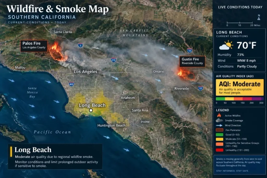 Current Live Forest Wildfire & Smoke Map in Long Beach California Today 2 Current live forest wildfire and smoke map in Long Beach, California, showing active fire locations, smoke coverage, AQI levels, wind direction, and affected areas.